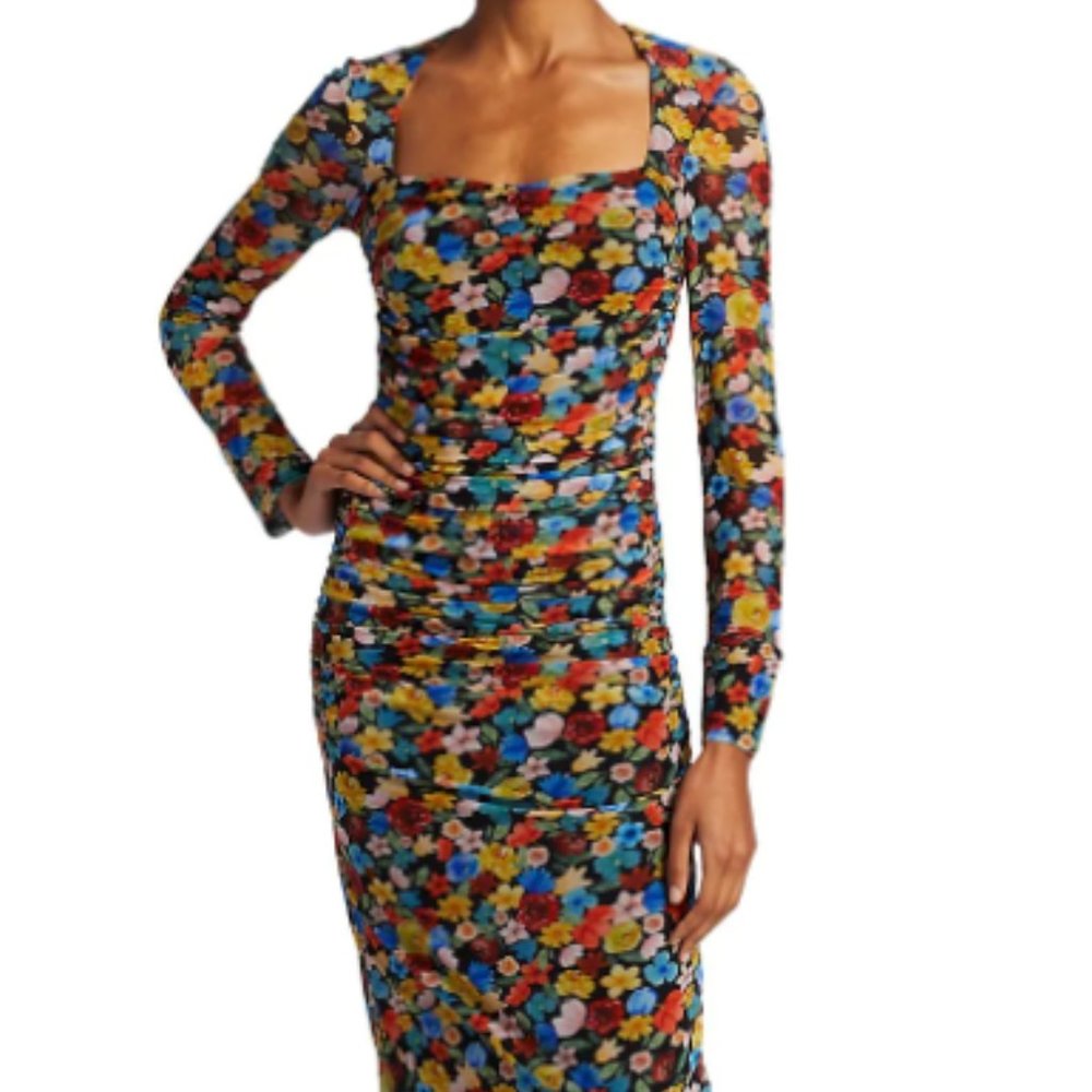 Ganni Floral Midi Dress in Multicolor (Black Base)